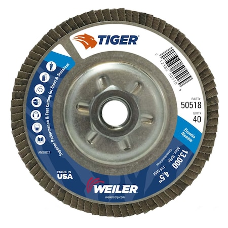 Weiler 4-1/2" Tiger DiscFlap Disc, Conical (TY29), 40Z, 5/8"-11 UNC 50518